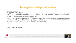 Puppet Code Testing - Modules vs. Control-Repo - PuppetCamp 2021 - Martin Alfke © example42 GmbH 32
onceover run spec


INFO
	
-> Using Puppetfile ‘…/control-repo/.onceover/etc/puppetlabs/code/
environments/production/Puppetfile’


INFO
	
-> Updating module …/control-repo/.onceover/etc/puppetlabs/code/
environments/production/modules/yumrepo_core


…


role::base: P P P P
Testing Control-Repo - OnceOver
 