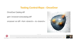 Puppet Code Testing - Modules vs. Control-Repo - PuppetCamp 2021 - Martin Alfke © example42 GmbH 34
OnceOver Catalog diff


gem ‘onceover-octocatalog-diff’


onceover run diff --from <branch> --to <branch>
Image: tatlin
Testing Control-Repo - OnceOver
 