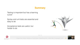 Puppet Code Testing - Modules vs. Control-Repo - PuppetCamp 2021 - Martin Alfke © example42 GmbH
Summary
36
Image: tatlin
Testing is important but has a learning
curve!


Syntax and unit tests are essential and
easy to do


Acceptance tests are useful, but
harder to do
 
