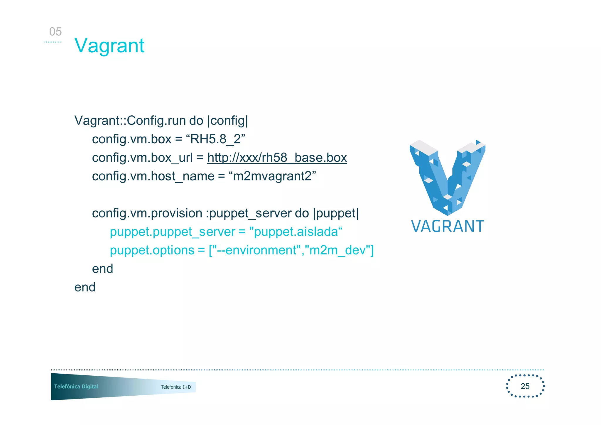 05
     Vagrant


     Vagrant::Config.run do |config|
       config.vm.box = “RH5.8_2”
       config.vm.box_url = http://xxx/rh58_base.box
       config.vm.host_name = “m2mvagrant2”

       config.vm.provision :puppet_server do |puppet|
          puppet.puppet_server = "puppet.aislada“
          puppet.options = ["--environment","m2m_dev"]
       end
     end




                                                         25
 