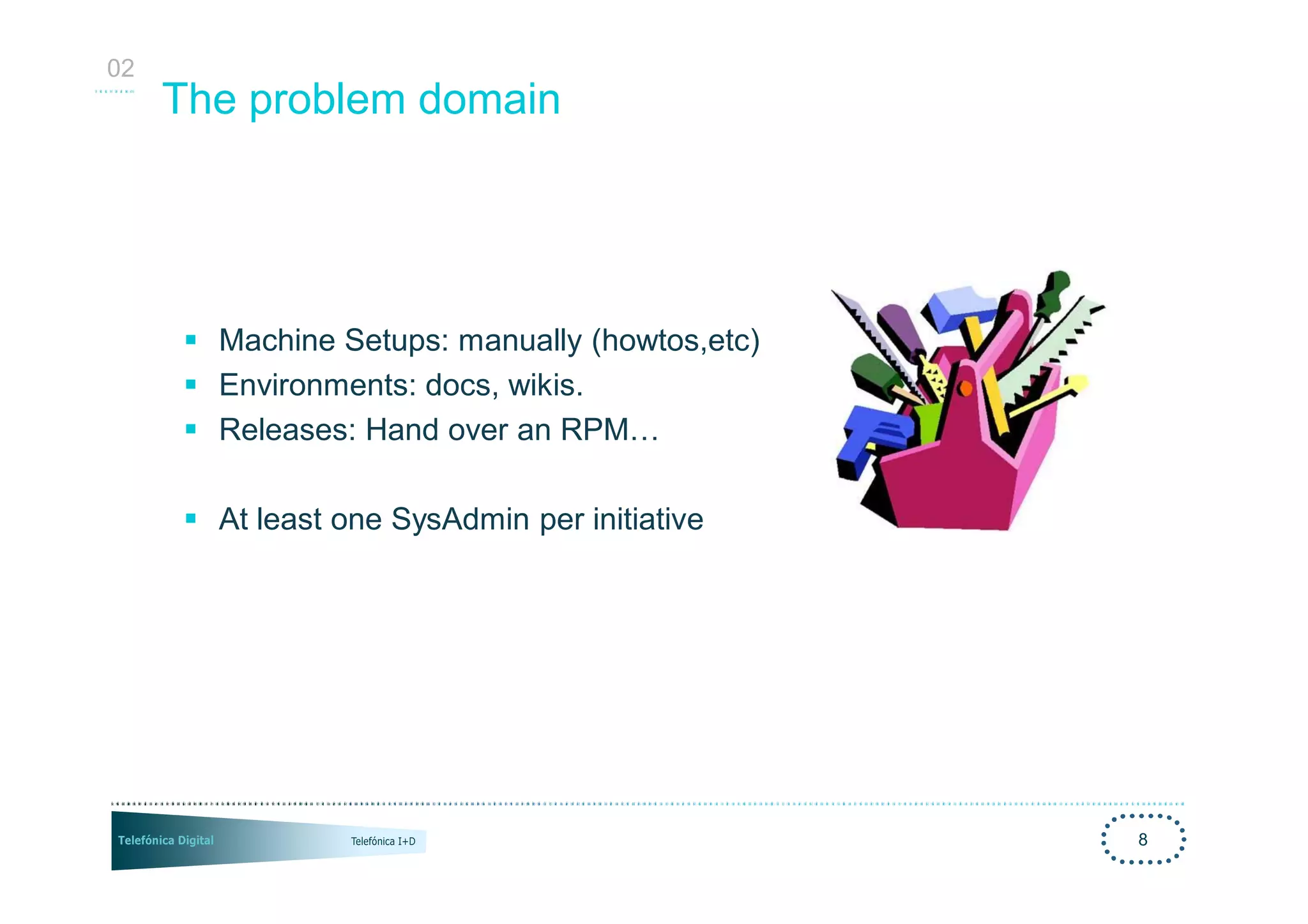 02
     The problem domain




     § Machine Setups: manually (howtos,etc)
     § Environments: docs, wikis.
     § Releases: Hand over an RPM…

     § At least one SysAdmin per initiative




                                               8
 
