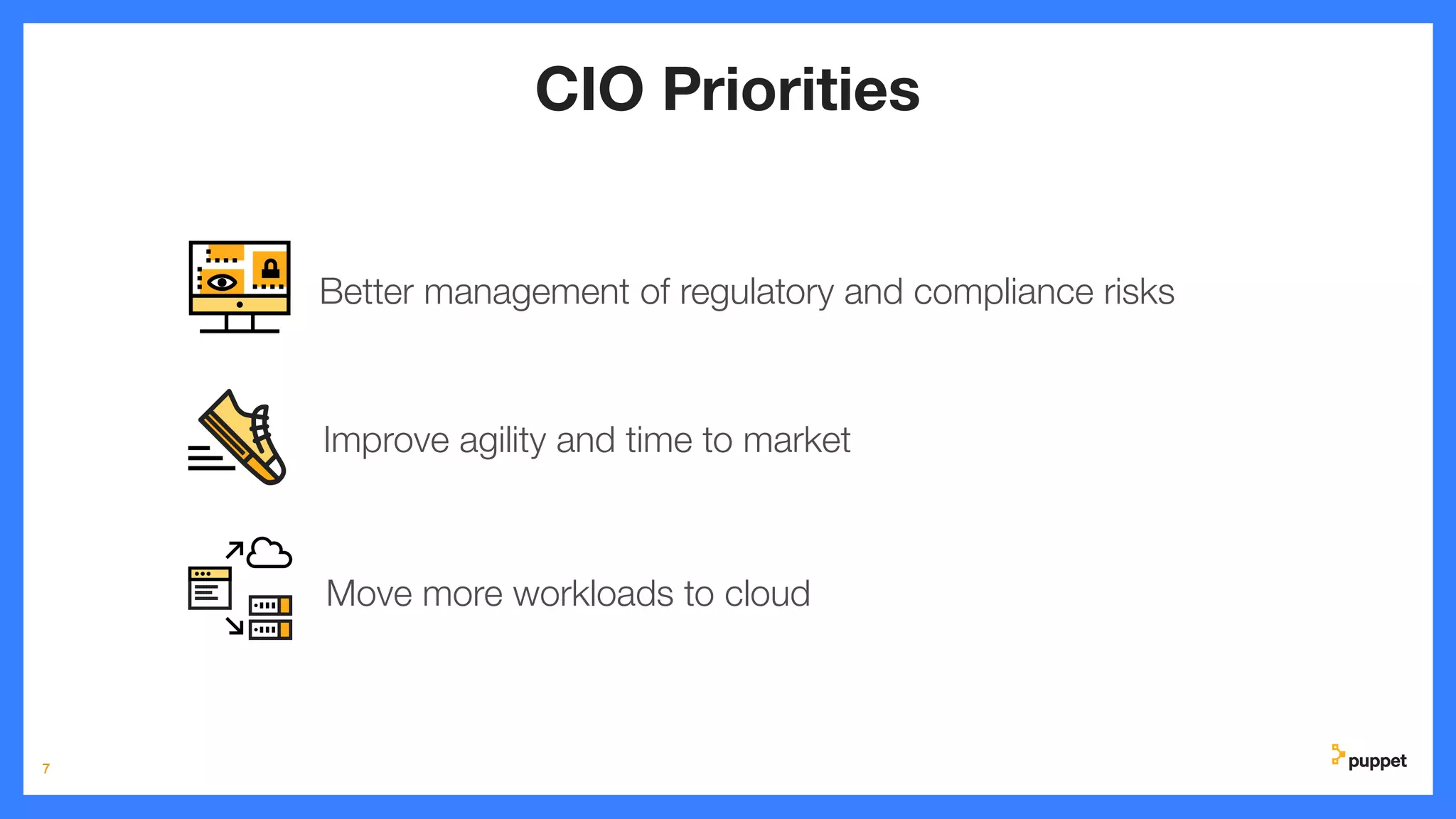 7
7
CIO Priorities
Move more workloads to cloud
Improve agility and time to market
Better management of regulatory and compliance risks
 