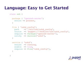 Language: Easy to Get Started
class ssh {
!
package { 'openssh-server':
ensure => present,
}
!
file { 'sshd_config':
path => '/etc/ssh/sshd_config',
source => ‘puppet:///modules/ssh/sshd_config',
require => Package['openssh-server'],
notify => Service['sshd'],
}
!
service { 'sshd':
ensure => running,
enable => true,
require => File['sshd_config'],
}
!
}
 
