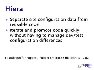 Hiera
• Separate site conﬁguration data from
reusable code
• Iterate and promote code quickly
without having to manage dev/test
conﬁguration differences
Foundation for Puppet / Puppet Enterprise Hierarchical Data
 