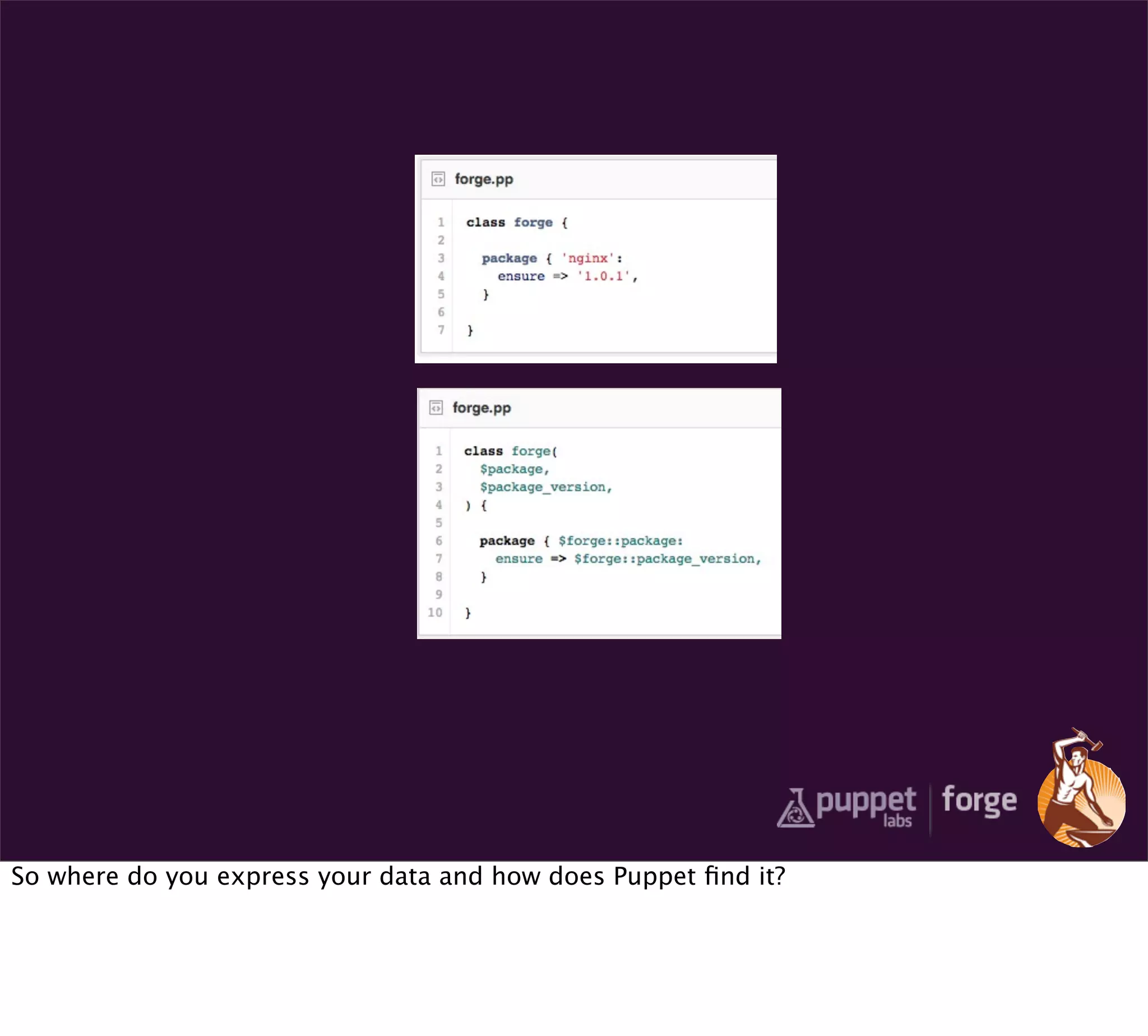 So where do you express your data and how does Puppet ﬁnd it?
 