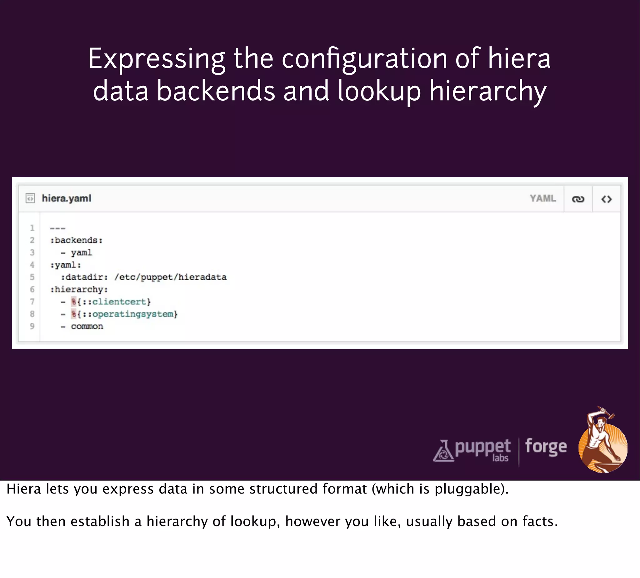 Expressing the conﬁguration of hiera
            data backends and lookup hierarchy




Hiera lets you express data in some structured format (which is pluggable).

You then establish a hierarchy of lookup, however you like, usually based on facts.
 
