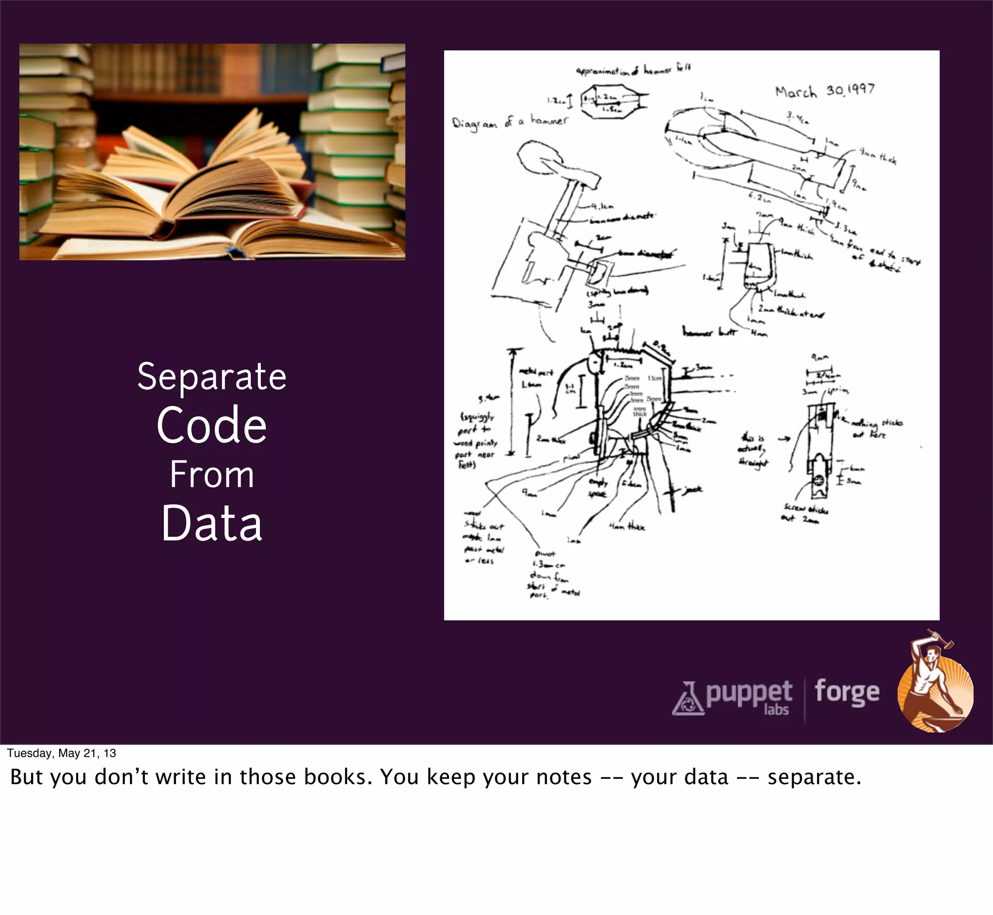 Separate
Code
From
Data
Tuesday, May 21, 13
But you don’t write in those books. You keep your notes -- your data -- separate.
 