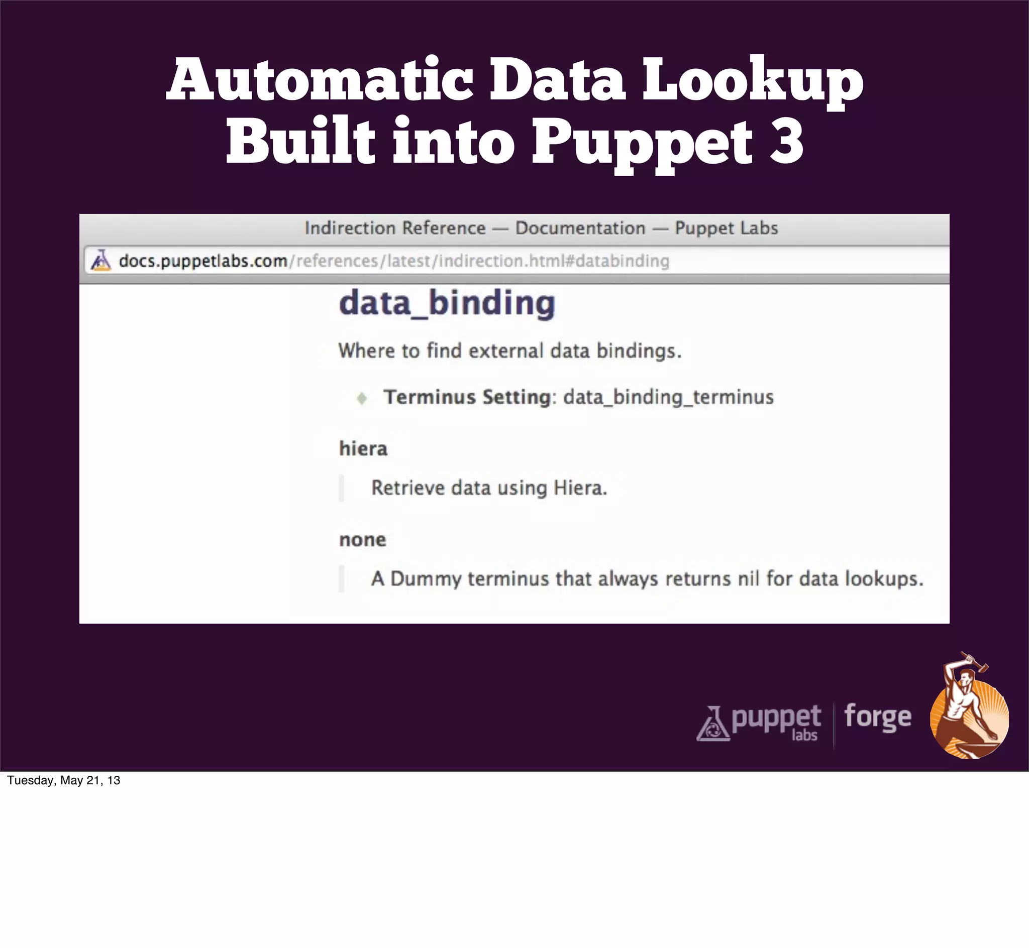 Automatic Data Lookup
Built into Puppet 3
Tuesday, May 21, 13
 