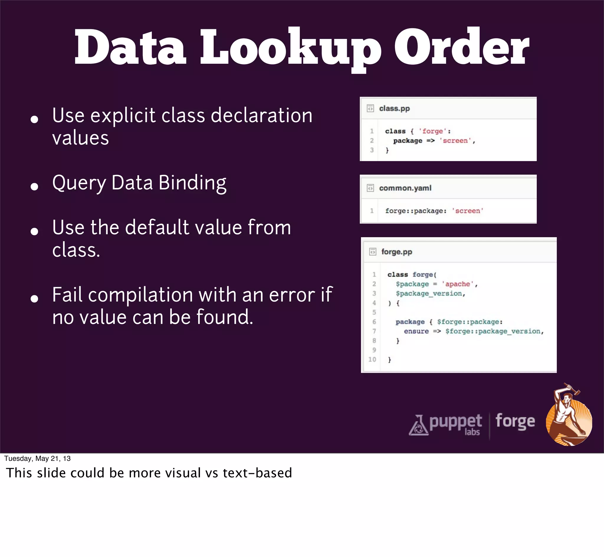 Data Lookup Order
• Use explicit class declaration
values
• Query Data Binding
• Use the default value from
class.
• Fail compilation with an error if
no value can be found.
Tuesday, May 21, 13
This slide could be more visual vs text-based
 