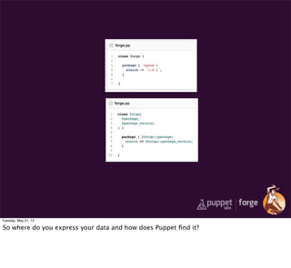 Tuesday, May 21, 13
So where do you express your data and how does Puppet ﬁnd it?
 