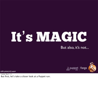 It’s MAGIC
But also, it’s not...
#PuppetCamp
Tuesday, May 21, 13
But ﬁrst, let’s take a closer look at a Puppet run.
 