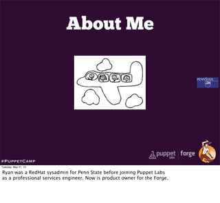 About Me
#PuppetCamp
Tuesday, May 21, 13
Ryan was a RedHat sysadmin for Penn State before joining Puppet Labs
as a professional services engineer. Now is product owner for the Forge.
 