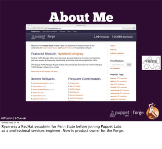 About Me
#PuppetCamp
Tuesday, May 21, 13
Ryan was a RedHat sysadmin for Penn State before joining Puppet Labs
as a professional services engineer. Now is product owner for the Forge.
 