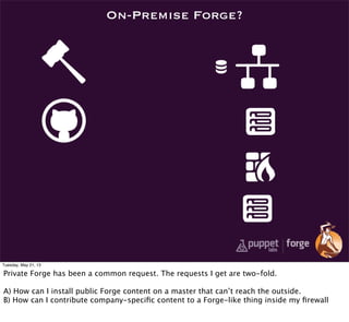 On-Premise Forge?
Tuesday, May 21, 13
Private Forge has been a common request. The requests I get are two-fold.
A) How can I install public Forge content on a master that can’t reach the outside.
B) How can I contribute company-speciﬁc content to a Forge-like thing inside my ﬁrewall
 