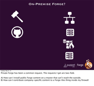 On-Premise Forge?
Tuesday, May 21, 13
Private Forge has been a common request. The requests I get are two-fold.
A) How can I install public Forge content on a master that can’t reach the outside.
B) How can I contribute company-speciﬁc content to a Forge-like thing inside my ﬁrewall
 