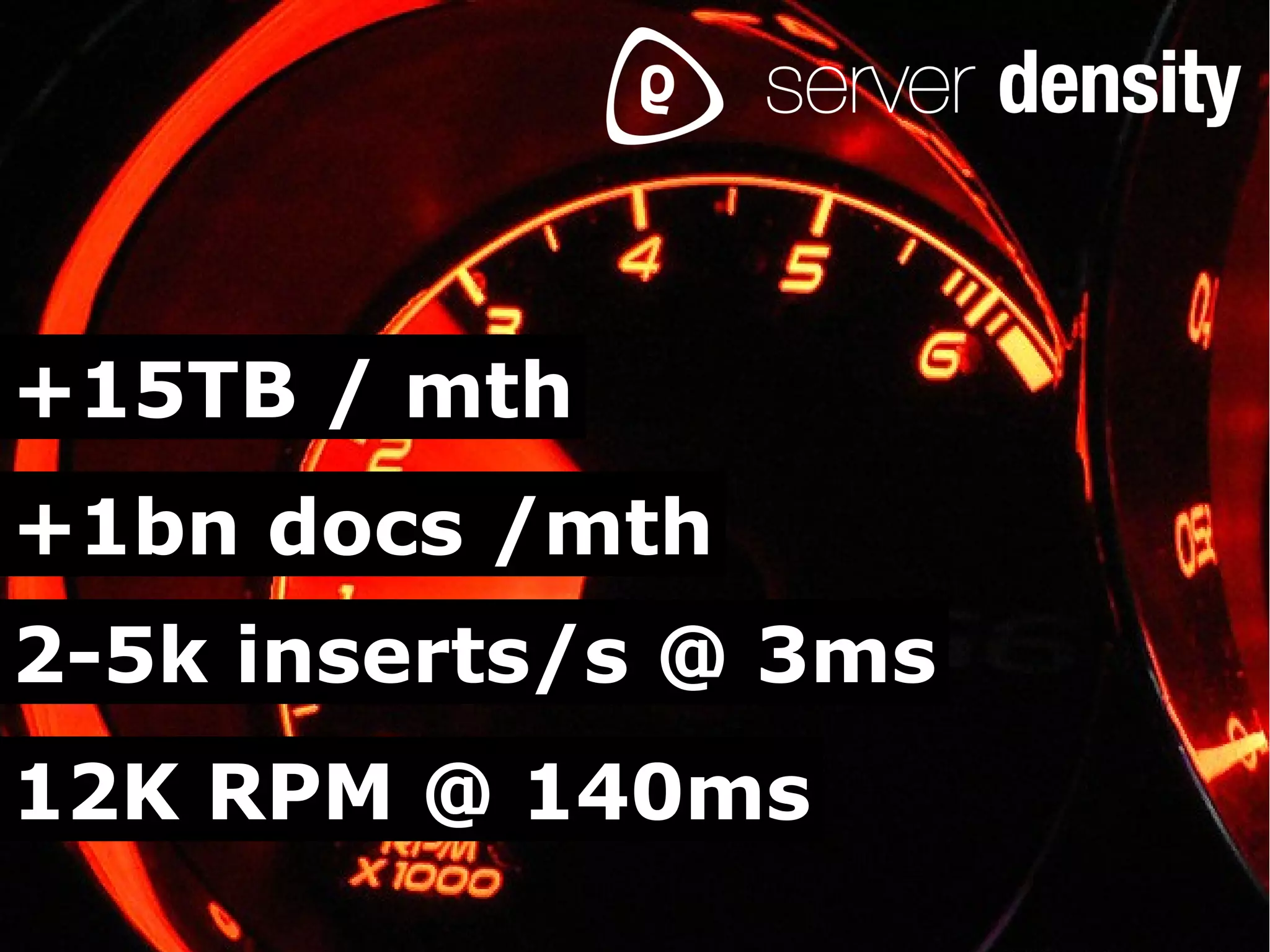 +15TB / mth
+1bn docs /mth
2-5k inserts/s @ 3ms
12K RPM @ 140ms
 