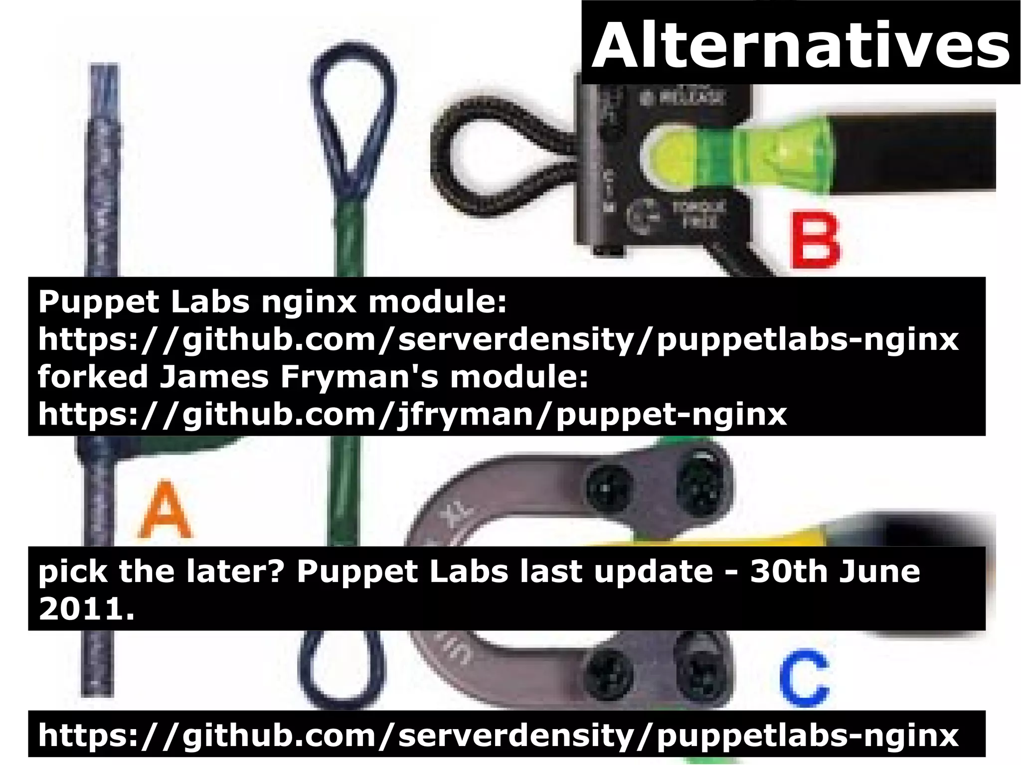 Alternatives

Puppet Labs nginx module:
https://github.com/serverdensity/puppetlabs-nginx
forked James Fryman's module:
https://github.com/jfryman/puppet-nginx

pick the later? Puppet Labs last update - 30th June
2011.

https://github.com/serverdensity/puppetlabs-nginx

 