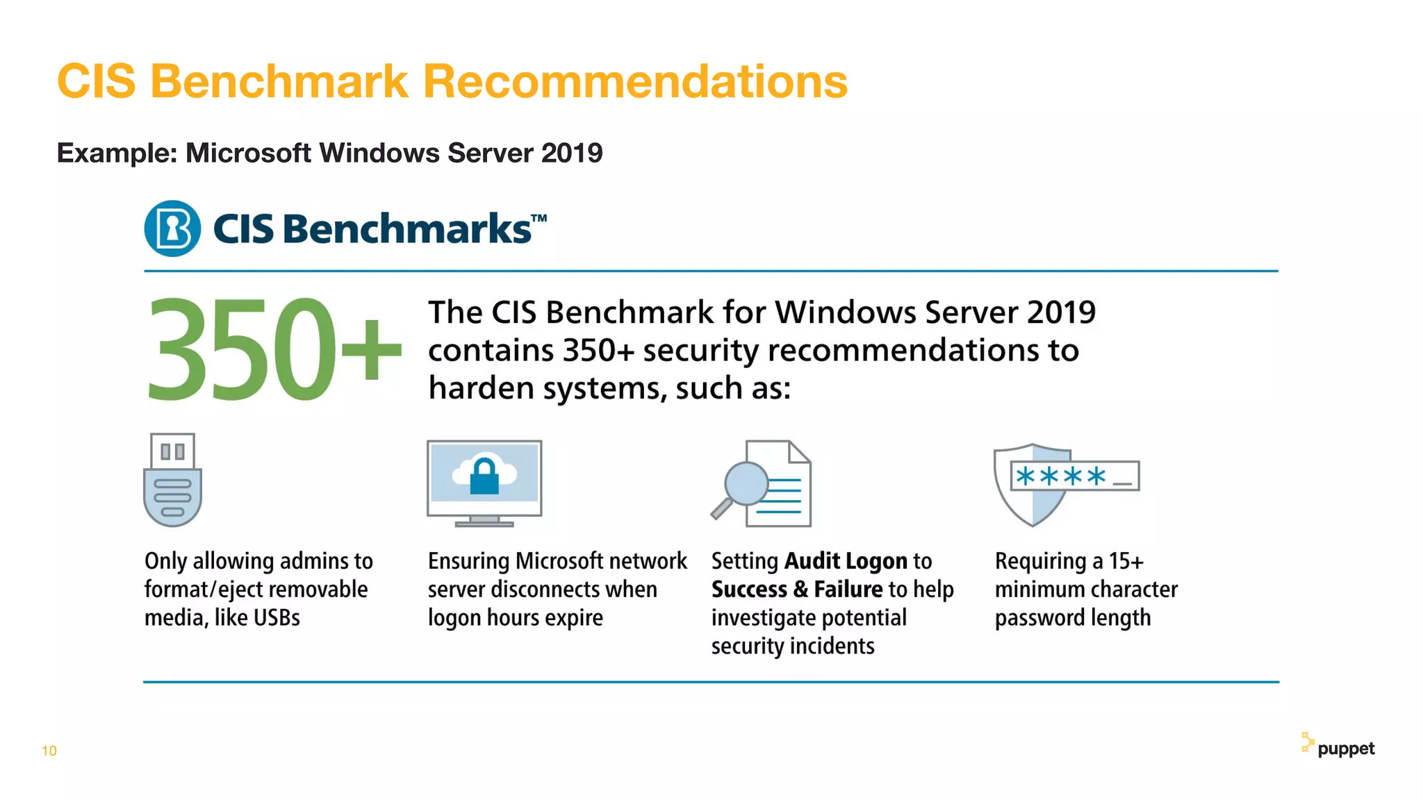 CIS Benchmark Recommendations
Example: Microsoft Windows Server 2019
10
 