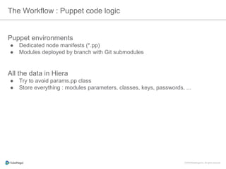 The Workflow : Puppet code logic
Puppet environments
●  Dedicated node manifests (*.pp)
●  Modules deployed by branch with Git submodules
All the data in Hiera
●  Try to avoid params.pp class
●  Store everything : modules parameters, classes, keys, passwords, ...
 