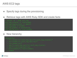 ●  Specify tags during the provisioning
●  Retrieve tags with AWS Ruby SDK and create facts
●  New hierarchy
AWS EC2 tags
$ facter -p | grep ec2_tag
ec2_tag_cluster => rtb-bidder
ec2_tag_nagios_host => mgmt01
ec2_tag_name => bidder
ec2_tag_pupenv => production
ec2_tag_tm_role => rtb::bidder
:hierarchy:
- "%{::zone}/%{::ec2_tag_vpc}/%{::ec2_tag_cluster}"
- "%{::zone}/%{::ec2_tag_vpc}/all"
- "%{::zone}/all"
- vpc/%{::ec2_tag_vpc}/%{::ec2_tag_cluster}
- vpc/%{::ec2_tag_vpc}/all
- environment/%{::environment}
- common
 