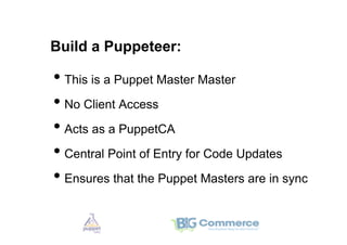 Build a Puppeteer:

•  This is a Puppet Master Master
•  No Client Access
•  Acts as a PuppetCA
•  Central Point of Entry for Code Updates
•  Ensures that the Puppet Masters are in sync
 