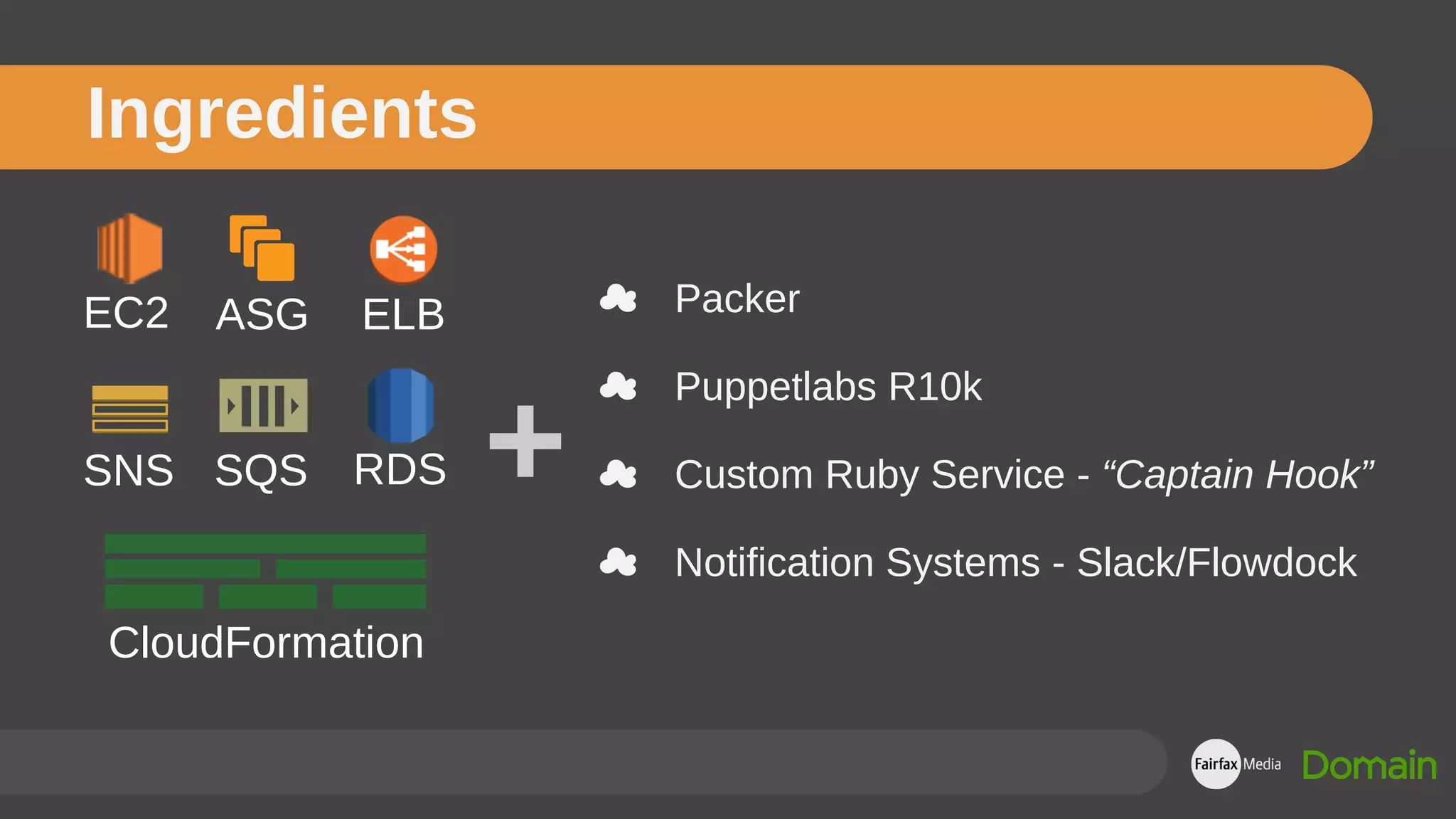 Ingredients
☁ Packer
☁ Puppetlabs R10k
☁ Custom Ruby Service - “Captain Hook”
☁ Notification Systems - Slack/Flowdock
EC2 ASG ELB
SNS SQS RDS
CloudFormation
 