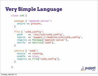 Very Simple Language
class ssh {
package { 'openssh-server':
ensure => present,
}
file { 'sshd_config':
path => '/etc/ssh/sshd_config',
source => ‘puppet:///modules/ssh/sshd_config',
require => Package['openssh-server'],
notify => Service['sshd'],
}
service { 'sshd':
ensure => running,
enable => true,
require => File['sshd_config'],
}
}
Tuesday, April 29, 14
 
