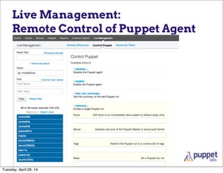 Live Management:
Remote Control of Puppet Agent
Tuesday, April 29, 14
 