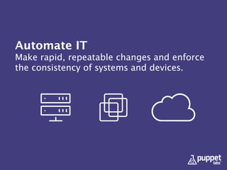 Automate IT
Make rapid, repeatable changes and enforce
the consistency of systems and devices. 
 