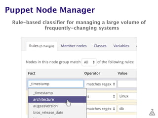 Puppet Node Manager
Rule-based classiﬁer for managing a large volume of
frequently-changing systems
 