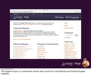 Tuesday, February 26, 13

The Puppet Forge is a community driven web service for contributing and ﬁnding Puppet
modules.
 