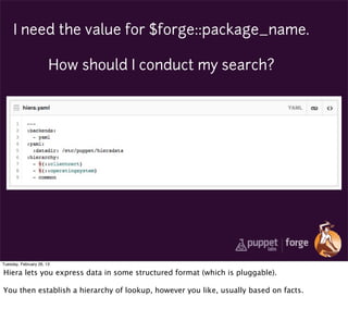 I need the value for $forge::package_name.

                       How should I conduct my search?




Tuesday, February 26, 13

Hiera lets you express data in some structured format (which is pluggable).

You then establish a hierarchy of lookup, however you like, usually based on facts.
 