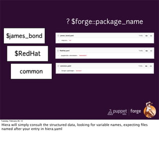 ? $forge::package_name

     $james_bond


              $RedHat

                    common




Tuesday, February 26, 13

Hiera will simply consult the structured data, looking for variable names, expecting ﬁles
named after your entry in hiera.yaml
 