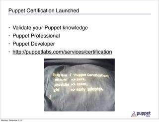 Puppet Certiﬁcation Launched


       • Validate your Puppet knowledge
       • Puppet Professional
       • Puppet Developer
       • http://puppetlabs.com/services/certiﬁcation




Monday, December 3, 12
 