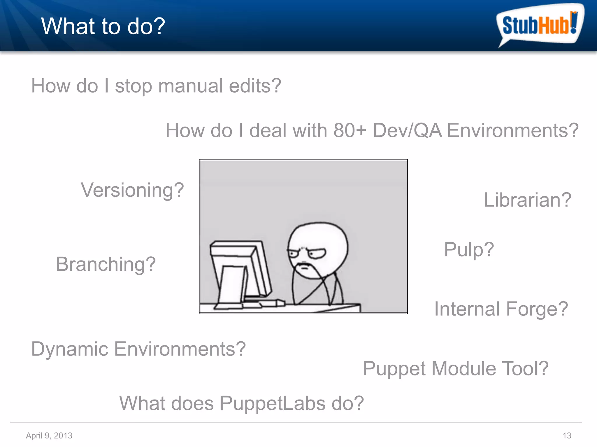 What to do?

 How do I stop manual edits?

                        How do I deal with 80+ Dev/QA Environments?


                Versioning?                              Librarian?

                                                    Pulp?
        Branching?

                                                   Internal Forge?

 Dynamic Environments?
                                            Puppet Module Tool?
                    What does PuppetLabs do?
April 9, 2013                                                     13
 