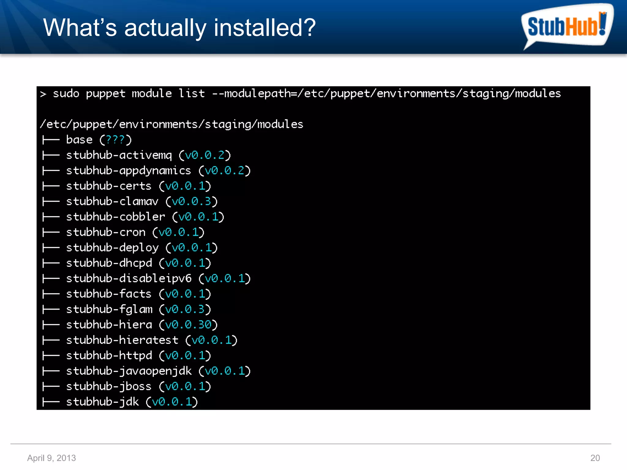 What’s actually installed?




April 9, 2013                    20
 