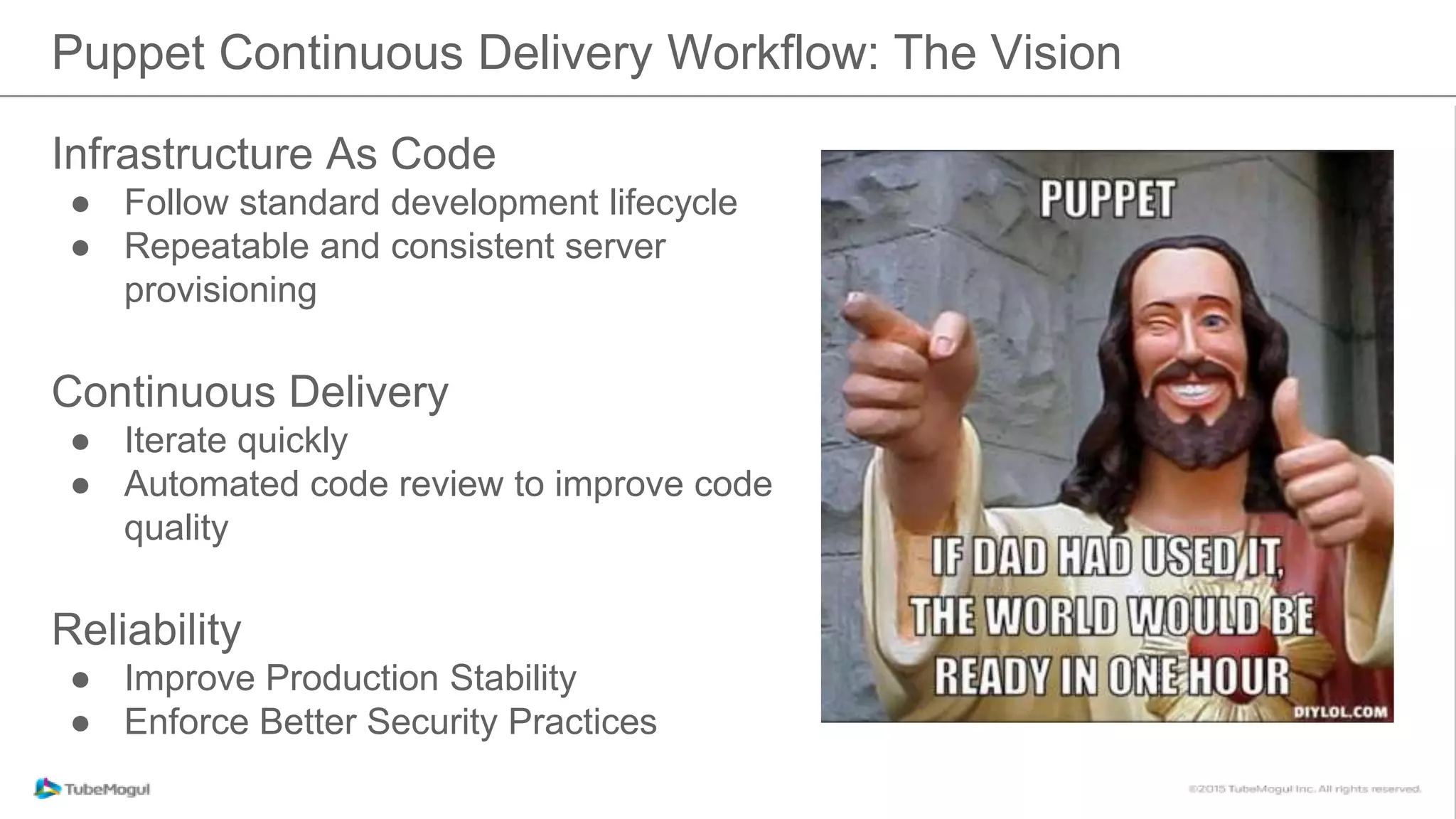 Infrastructure As Code
● Follow standard development lifecycle
● Repeatable and consistent server
provisioning
Continuous Delivery
● Iterate quickly
● Automated code review to improve code
quality
Reliability
● Improve Production Stability
● Enforce Better Security Practices
Puppet Continuous Delivery Workflow: The Vision
 