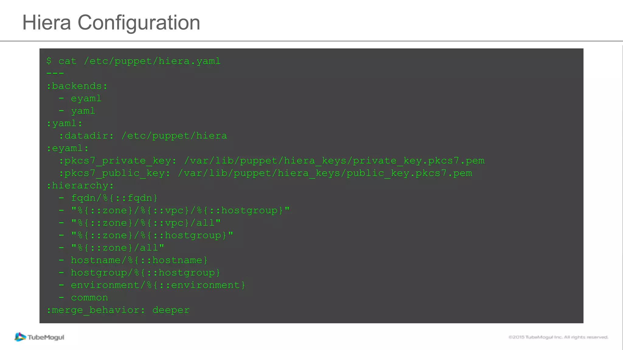 Hiera Configuration
$ cat /etc/puppet/hiera.yaml
---
:backends:
- eyaml
- yaml
:yaml:
:datadir: /etc/puppet/hiera
:eyaml:
:pkcs7_private_key: /var/lib/puppet/hiera_keys/private_key.pkcs7.pem
:pkcs7_public_key: /var/lib/puppet/hiera_keys/public_key.pkcs7.pem
:hierarchy:
- fqdn/%{::fqdn}
- "%{::zone}/%{::vpc}/%{::hostgroup}"
- "%{::zone}/%{::vpc}/all"
- "%{::zone}/%{::hostgroup}"
- "%{::zone}/all"
- hostname/%{::hostname}
- hostgroup/%{::hostgroup}
- environment/%{::environment}
- common
:merge_behavior: deeper
 