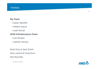 THANKS 
My Team 
— Dylan Ratcliffe 
— William Gaunt 
— Laith Murad 
GCIS Infrastructure Team 
— Lee Murphy 
— Sathish Kannan 
Brett Gray & Zack Smith 
Gary Larizza & Craig Dunn 
Rob Reynolds 
Classification: Public 
41 
 