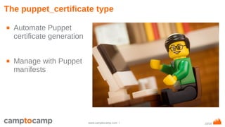10/18www.camptocamp.com /
The puppet_certificate type
■ Automate Puppet
certificate generation
■ Manage with Puppet
manifests
 
