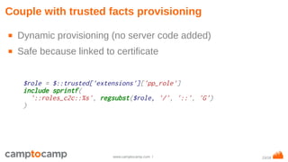 15/18www.camptocamp.com /
Couple with trusted facts provisioning
$role = $::trusted['extensions']['pp_role']
include sprintf(
'::roles_c2c::%s', regsubst($role, '/', '::', 'G')
)
■ Dynamic provisioning (no server code added)
■ Safe because linked to certificate
 