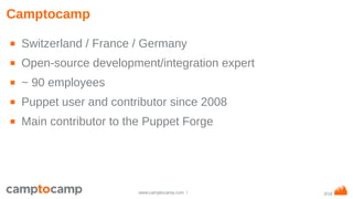 3/18www.camptocamp.com /
Camptocamp
■ Switzerland / France / Germany
■ Open-source development/integration expert
■ ~ 90 employees
■ Puppet user and contributor since 2008
■ Main contributor to the Puppet Forge
 