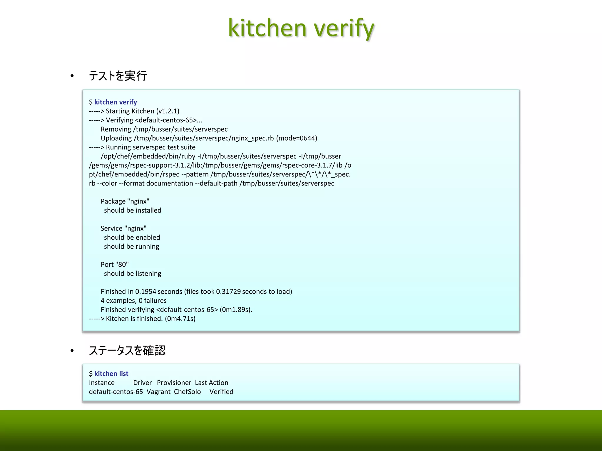 kitchen setup 
• テスト用の仮想マシンに必要なパッケージをセットアップ 
$ kitchen setup 
-----> Starting Kitchen (v1.2.1) 
-----> Setting up <default-centos-65>... 
Fetching: thor-0.19.0.gem (100%) 
Fetching: busser-0.6.2.gem (100%) 
Successfully installed thor-0.19.0 
Successfully installed busser-0.6.2 
2 gems installed 
-----> Setting up Busser 
Creating BUSSER_ROOT in /tmp/busser 
Creating busser binstub 
Plugin serverspec installed (version 0.5.3) 
-----> Running postinstall for serverspec plugin 
Finished setting up <default-centos-65> (0m29.77s). 
-----> Kitchen is finished. (0m32.89s) 
• ステータスを確認 
$ kitchen list 
Instance Driver Provisioner Last Action 
default-centos-65 Vagrant ChefSolo <Not Created> 
 