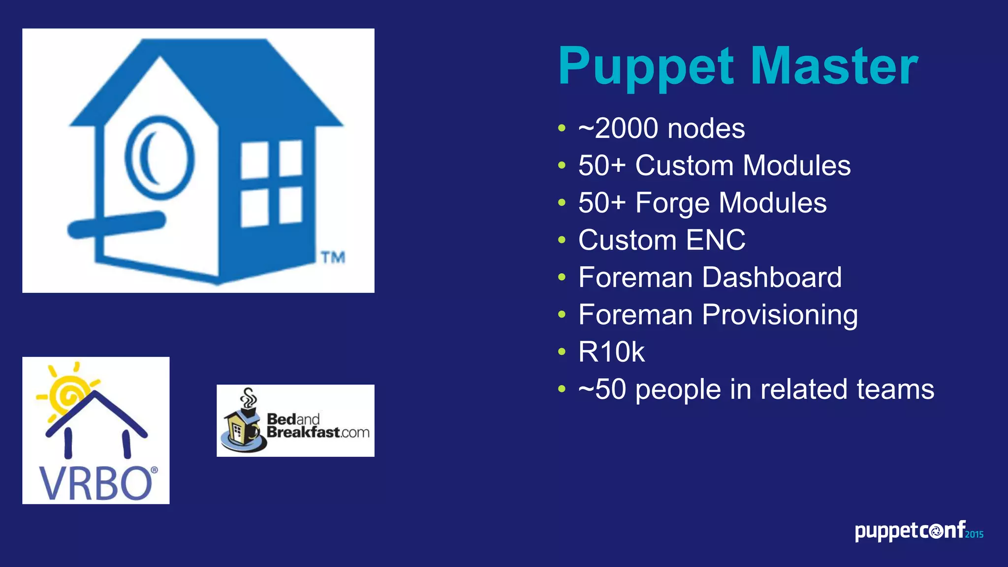 Puppet Master
• ~2000 nodes
• 50+ Custom Modules
• 50+ Forge Modules
• Custom ENC
• Foreman Dashboard
• Foreman Provisioning
• R10k
• ~50 people in related teams
 