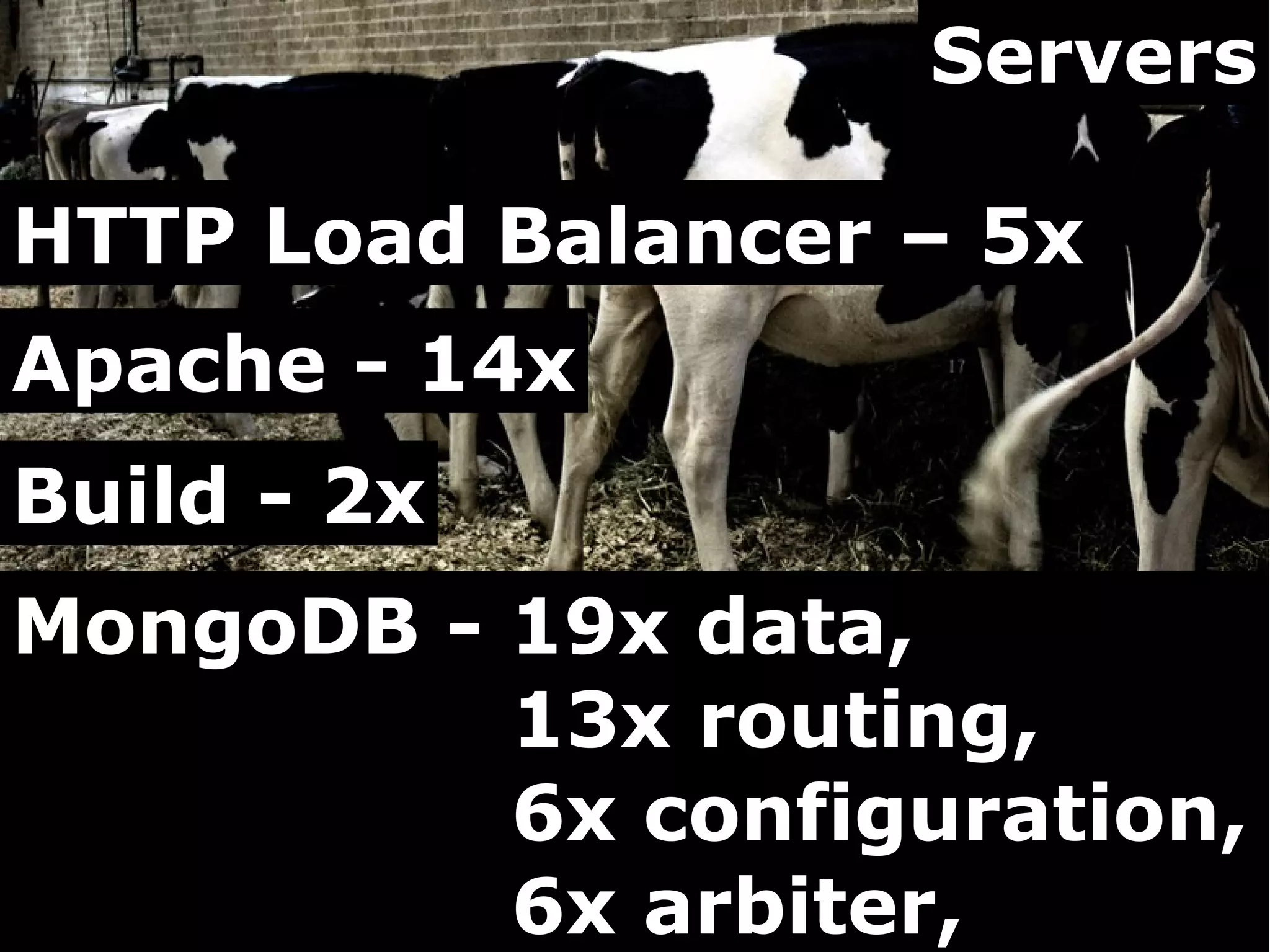 Servers

HTTP Load Balancer – 5x
Apache - 14x
Build - 2x
MongoDB - 19x data,
          13x routing,
          6x configuration,
          6x arbiter,
 