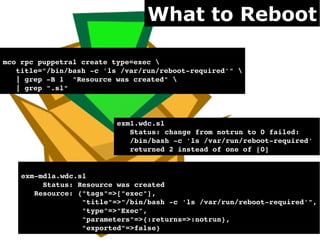 What to Reboot

mco rpc puppetral create type=exec 
   title="/bin/bash ­c 'ls /var/run/reboot­required'" 
   | grep ­B 1  "Resource was created" 
   | grep ".sl"



                          exm1.wdc.sl                              
                             Status: change from notrun to 0 failed: 
                             /bin/bash ­c 'ls /var/run/reboot­required' 
                             returned 2 instead of one of [0]


    exm­md1a.wdc.sl                          
         Status: Resource was created
       Resource: {"tags"=>["exec"],
                  "title"=>"/bin/bash ­c 'ls /var/run/reboot­required'",
                  "type"=>"Exec",
                  "parameters"=>{:returns=>:notrun},
                  "exported"=>false}
 