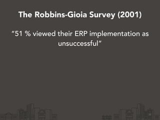 “51 % viewed their ERP implementation as 
unsuccessful” 
12 
The Robbins-Gioia Survey (2001) 
 