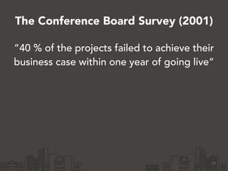 The Conference Board Survey (2001) 
“40 % of the projects failed to achieve their 
business case within one year of going live” 
13 
 