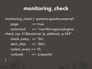 monitoring_check 
monitoring_check { 'systems-apache-external': 
page => true, 
command => "/usr/lib/nagios/plugins/ 
check_tcp -H ${external_ip_address} -p 443", 
check_every => ‘5m', 
alert_after => '30m', 
realert_every => 10, 
runbook => 'y/apache', 
} 
31 
 
