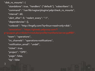 "disk_ro_mounts": { 
"standalone": true, "handlers": [“default"], "subscribers": [], 
"command": "/usr/lib/nagios/plugins/yelp/check_ro_mounts", 
"interval": 60, 
"alert_after": 0, "realert_every": “-1", 
"dependencies": [], 
"runbook": "http://lmgtfy.com/?q=linux+read+only+disk", 
"annotation": "https://gitweb.yelpcorp.com/? 
p=puppet.git;a=blob;f=modules/profile/manifests/server.pp#l80", 
"team": "operations", 
"irc_channels": "operations-notifications", 
"notification_email": "undef", 
"ticket": true, 
"project": “OPS”, 
"page": false, 
"tip": false 
} 
40 
 